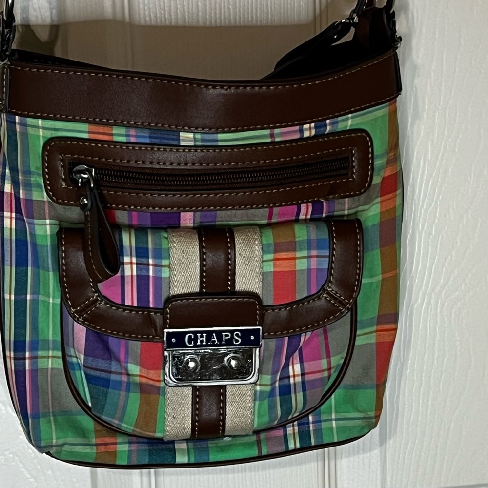 Y2K Chaps multicolored pastel plaid with Brown trim Crossbody Bag-preppy casual